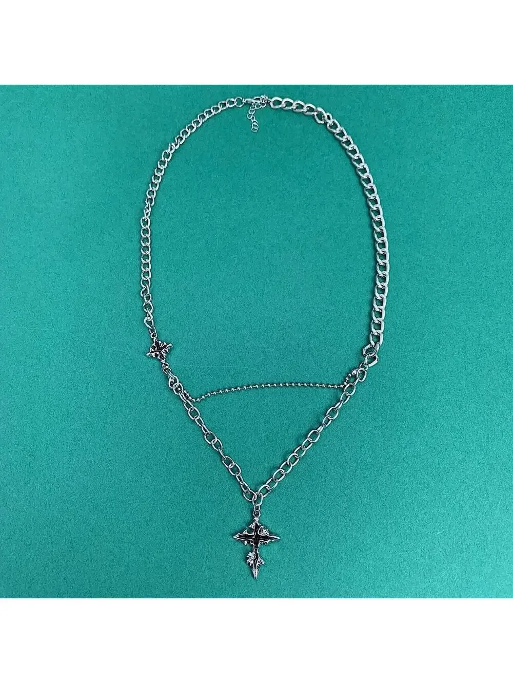 Cyber Y2k 2000s punk grunge crystal cross pendant necklace chain. 21.5 inches